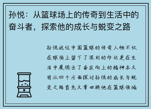 孙悦：从篮球场上的传奇到生活中的奋斗者，探索他的成长与蜕变之路